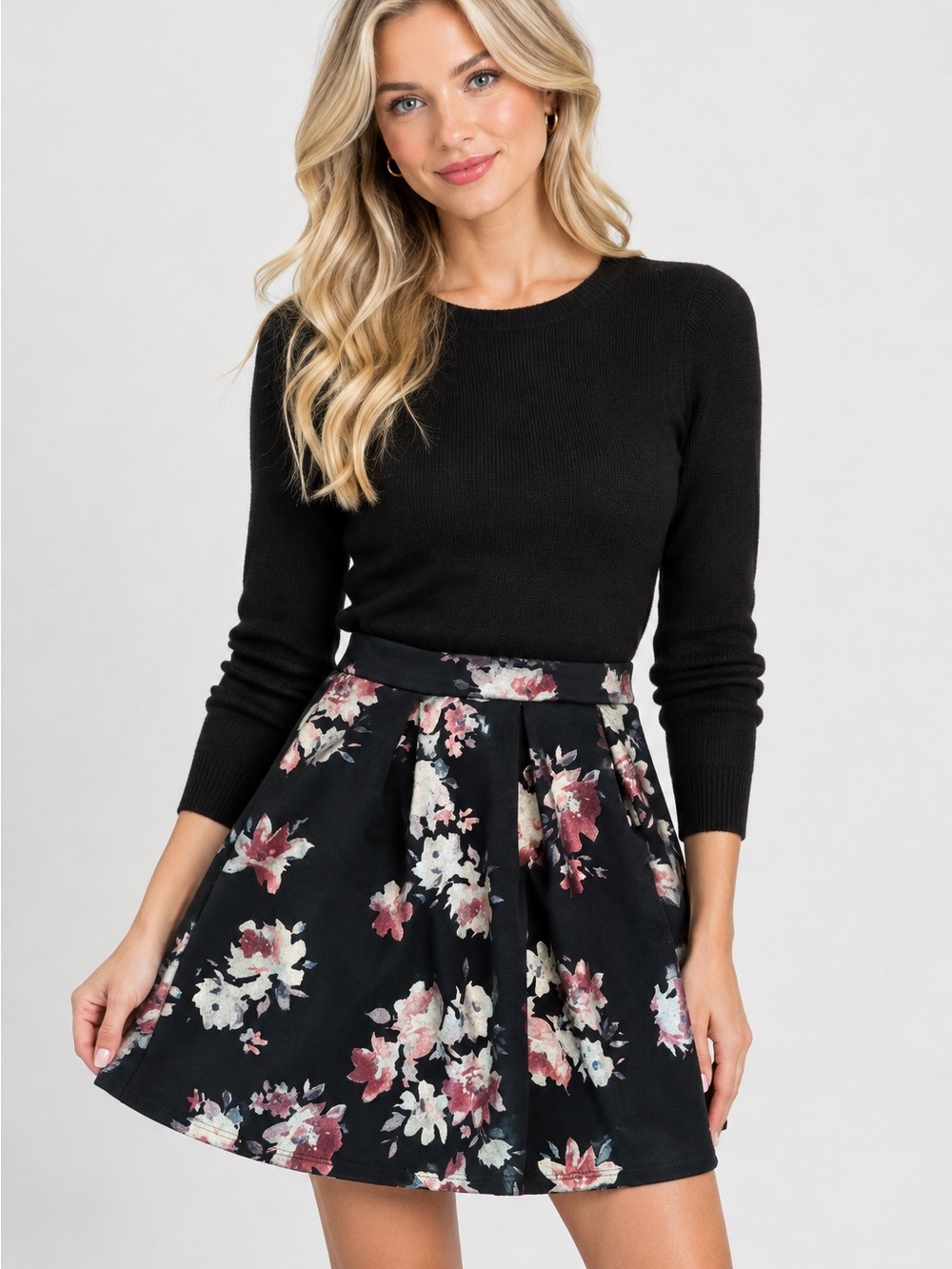 Charlotte Russe Black Skater Skirt with Rose Gold and Ivory Floral Print
